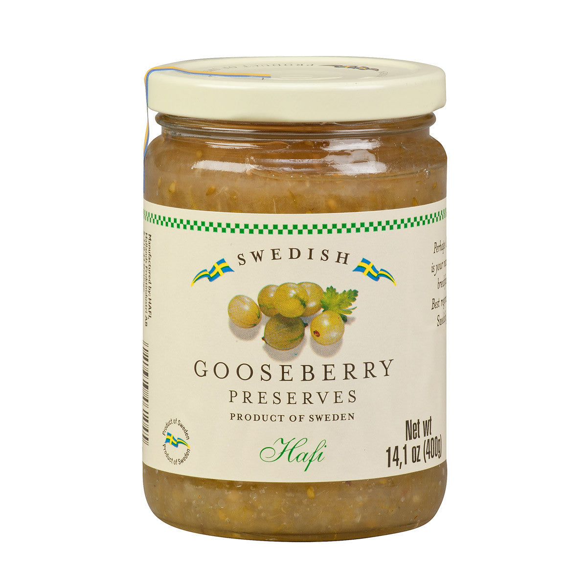 A jar of Hafi gooseberry preserves with a 14.1 oz (400g) label.