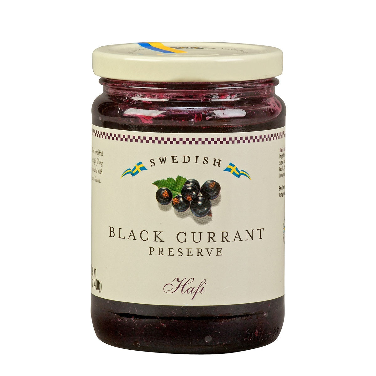 Jar with images of black currants, a Swedish flag, and the Hafi brand name at the bottom.
