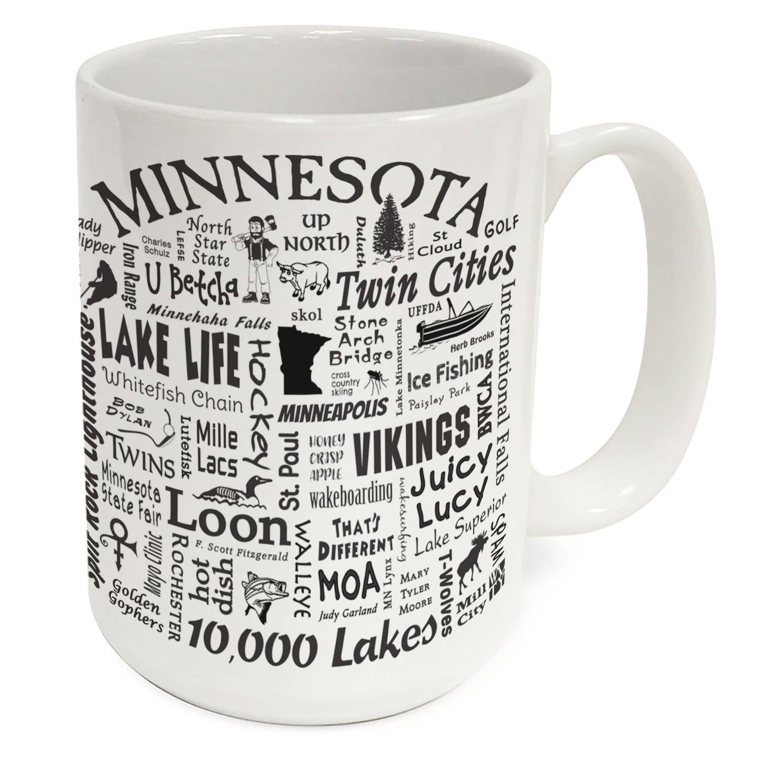 Introducing the "Where Life Takes You-Minnesota" 15 oz. decorative ceramic mug, beautifully adorned with black text and artistic designs showcasing Minnesota's iconic themes and landmarks. This dishwasher-safe mug is an excellent addition to any collection.