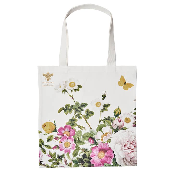 Introducing the Rose Flower Garden Organic Tote Bag, showcasing a delightful floral and butterfly design with pink, white, and yellow flowers. Made from environmentally friendly materials, this stylish bag perfectly combines elegance with sustainability.