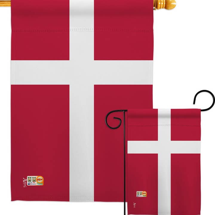 Display your Danish heritage with the Flag: Denmark Garden Flag - Danish Nationality Home Decor Flag, featuring a red background and white Scandinavian cross. Made from weather-resistant fabric, it comes with options for a wooden pole or a metal stand.