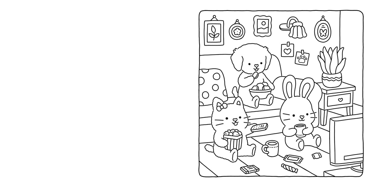 A dog, cat, and rabbit relax in a cozy living room with snacks—an adorable scene from "Coloring Book: Fuzzy Hygge Cute and Cozy Coloring Book by Vivi Tinta" (paperback) by Penguin Random House LLC, perfect for stress relief coloring fun.