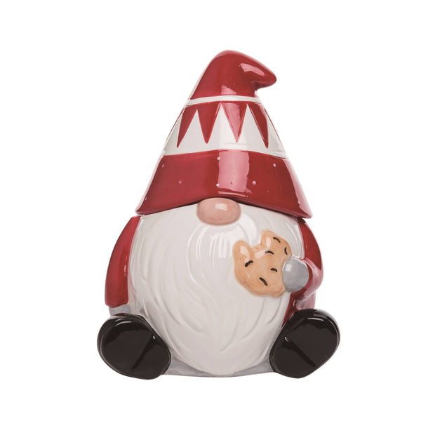 The Cookie Jar: Christmas Ceramic Gnome w/Cookie Treat Jar features a festive ceramic gnome holding a cookie—the perfect decorative accent for your holiday décor or a whimsical addition to any Christmas display.