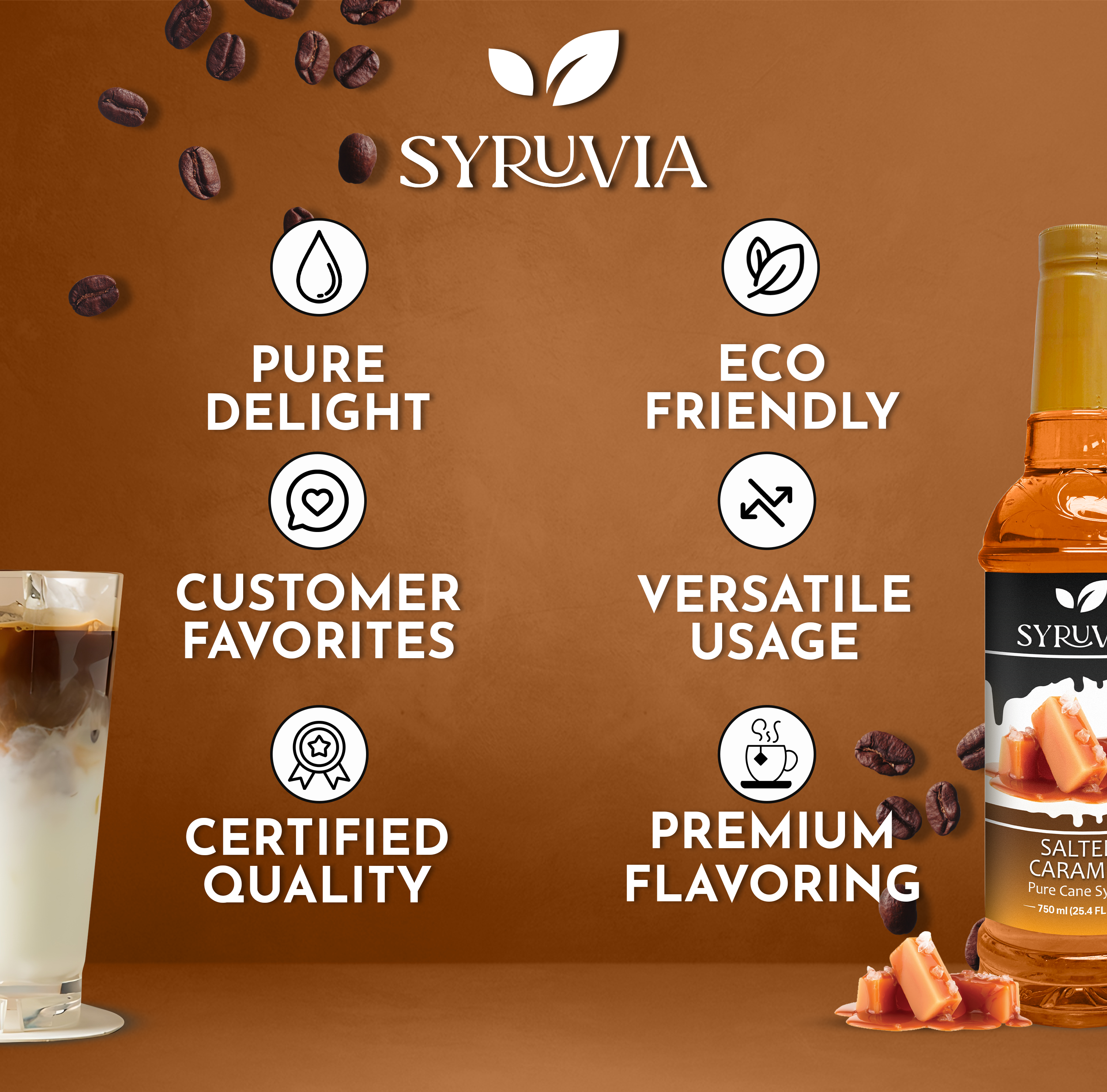 Syruvia Pure Cane Sugar Salted Caramel Syrup bottle and iced coffee on a brown background, with icons and text highlighting purity, eco-friendliness, versatility, quality, and premium salted caramel flavor.