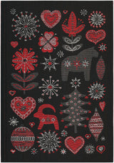 Black fabric table runner with red and white Scandinavian folk art embroidery of Dala horses, hearts, flowers, and Christmas trees.
