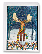 The Holiday Moose Packaged Christmas Cards (8 cards & envelopes) feature an illustrated moose in a striped scarf standing in a snowy, nighttime forest—perfect festive cards made in the USA.