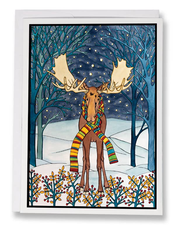 The Holiday Moose Packaged Christmas Cards (8 cards & envelopes) feature an illustrated moose in a striped scarf standing in a snowy, nighttime forest—perfect festive cards made in the USA.