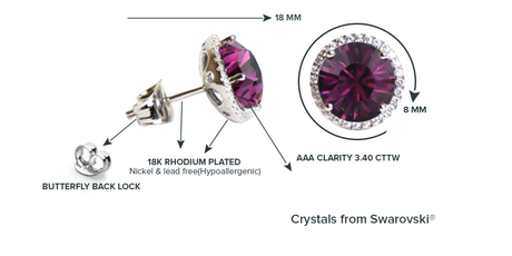 Earrings: Ruby Red Swarovski Crystal Handmade Silver Solitaire Stud Earrings feature 8mm round stones, rhodium-plated finish, butterfly backs, AAA clarity (3.40 CTTW)—a stunning July birthstone jewelry choice.