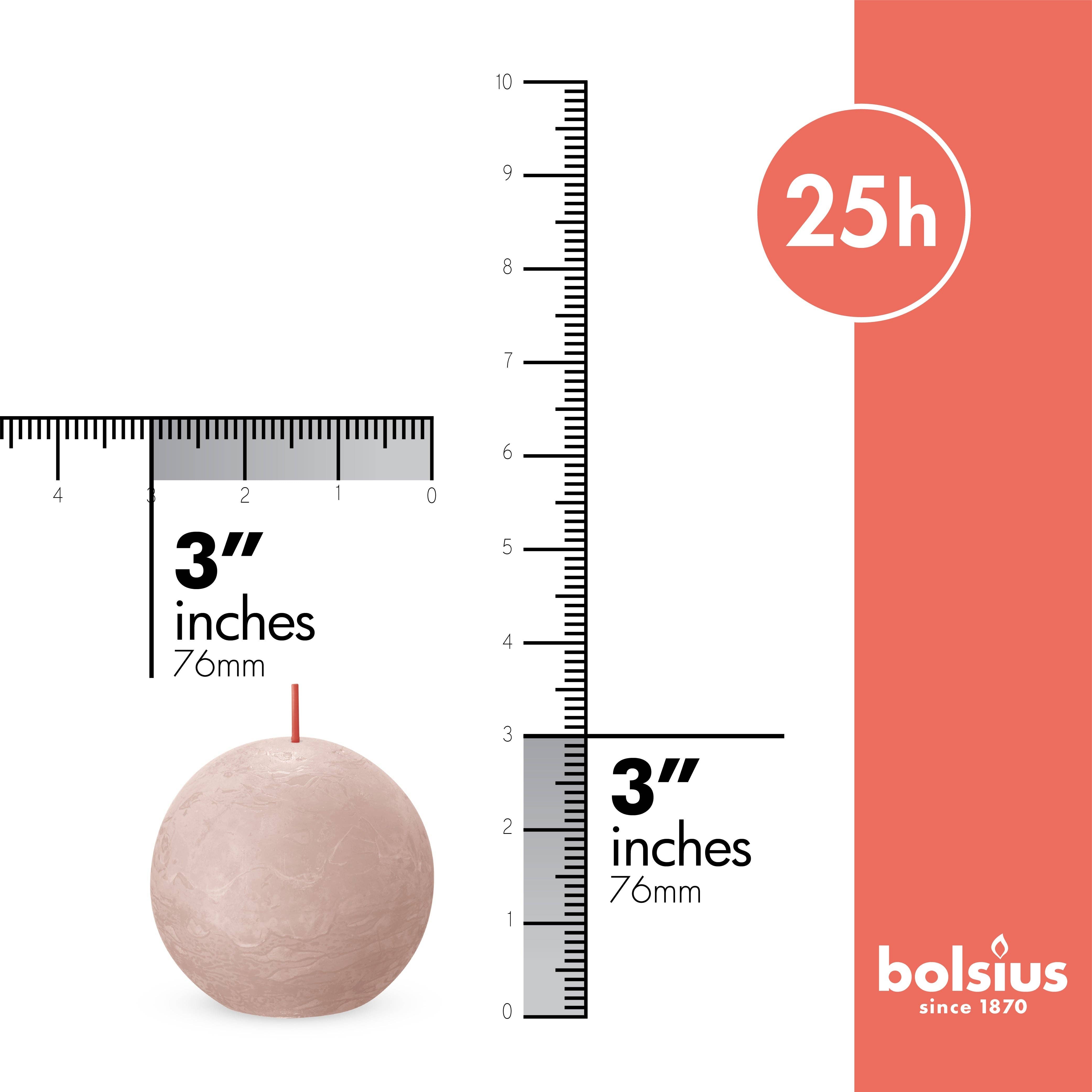 A round, unscented Ash Rose Rustic 3" ball candle made from natural, plant-based wax measures 3 inches (76 mm) in both height and diameter. Displayed alongside a ruler for scale, the image also includes a label indicating a 25-hour burn time and features the Bolsius logo to highlight its collection of eco-friendly rustic ball candles.