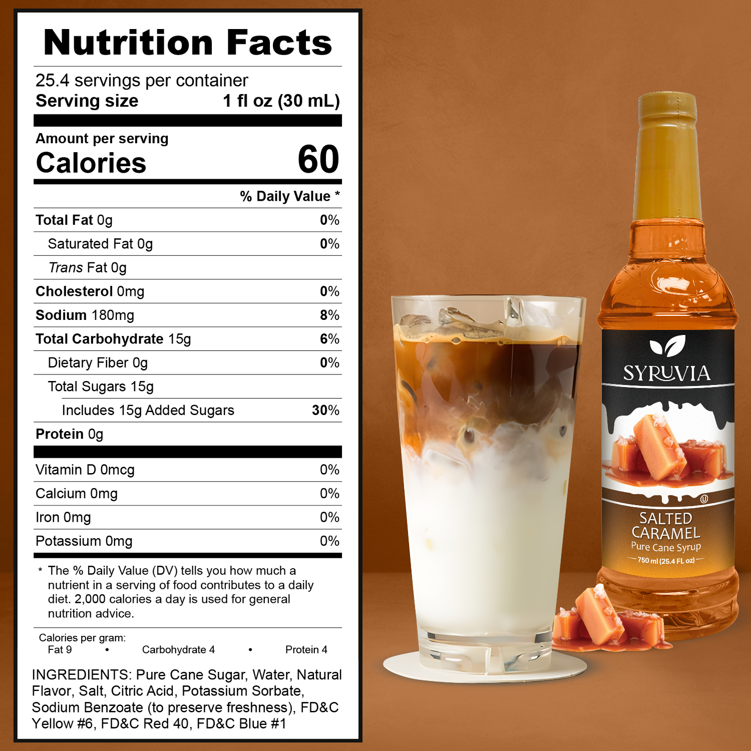 A glass of iced caramel milk sits next to a bottle of Syruvia Pure Cane Sugar Salted Caramel Syrup, with its nutrition label visible in the background.