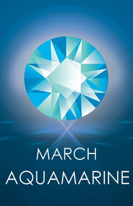 A pair of fish-shaped Swarovski® crystal silver stud earrings is displayed above the words March Aquamarine on a blue background, representing the birthstone for March.