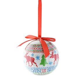 The Ornament: Christmas Tree Ball - Moose Sweden is a spherical decoration adorned with patterns of red reindeer, green trees, and blue snowflakes. It is topped with a red bow and ribbon for hanging and showcases a delightful knitted red moose design. Crafted in Sweden, this piece brings Scandinavian elegance to any setting.