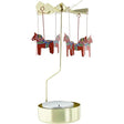 The Candle Holder: Dala Horse Sweden Rotary Candle Holdr Gold with Red Dala Horses features a gold rotary carousel with four red hanging horses and a tealight holder—ideal for adding Swedish charm to your Scandinavian decor.