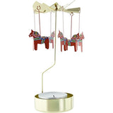 The Candle Holder: Dala Horse Sweden Rotary Candle Holdr Gold with Red Dala Horses features a gold rotary carousel with four red hanging horses and a tealight holder—ideal for adding Swedish charm to your Scandinavian decor.