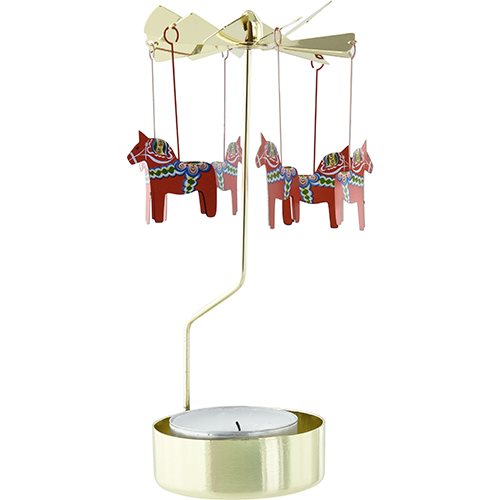 The Candle Holder: Dala Horse Sweden Rotary Candle Holdr Gold with Red Dala Horses features a gold rotary carousel with four red hanging horses and a tealight holder—ideal for adding Swedish charm to your Scandinavian decor.