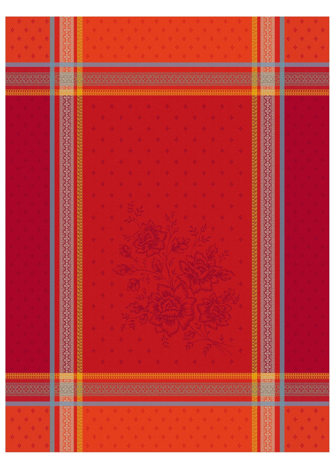 The Bouquet Red Tea Towel is a 20"x28" woven cotton tea towel with red and orange plaid, gray and yellow stripes, and a subtle central floral motif inspired by Provençal design, made using traditional jacquard weaving.