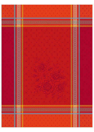 The Bouquet Red Tea Towel is a 20"x28" woven cotton tea towel with red and orange plaid, gray and yellow stripes, and a subtle central floral motif inspired by Provençal design, made using traditional jacquard weaving.