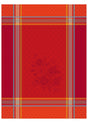The Bouquet Red Tea Towel is a 20"x28" woven cotton tea towel with red and orange plaid, gray and yellow stripes, and a subtle central floral motif inspired by Provençal design, made using traditional jacquard weaving.