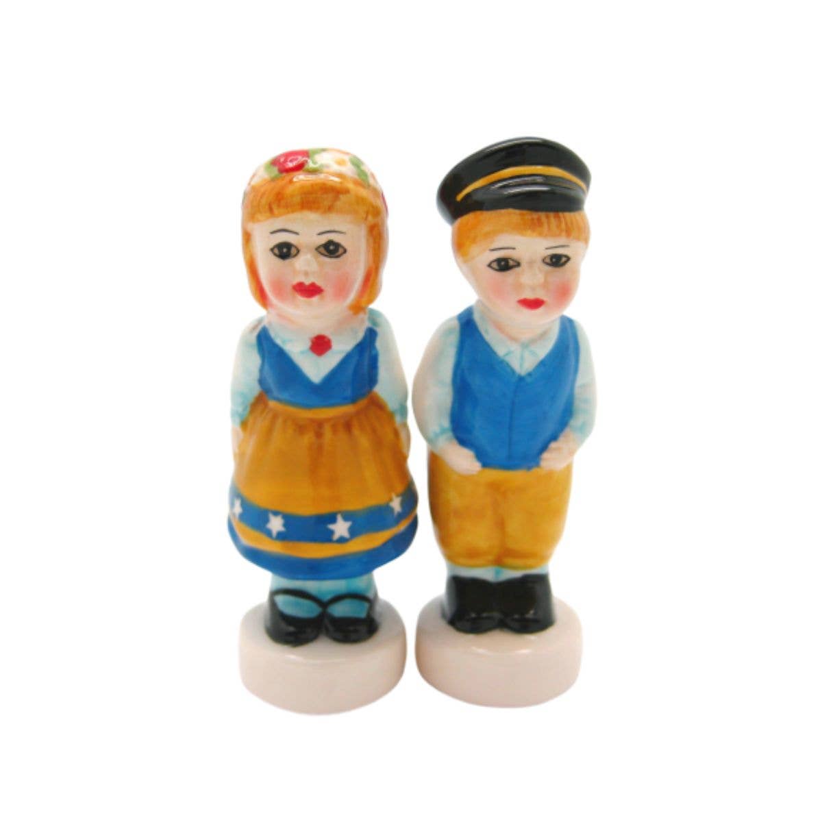 The Vintage Salt & Pepper Shakers featuring a Swedish standing couple, with a ceramic figurine of a girl in traditional dress and a boy in a blue vest and cap, make for an enchanting addition to any kitchen decor.