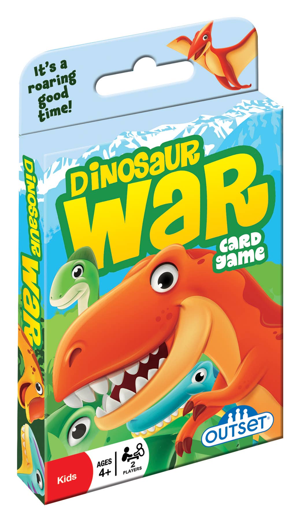 The Playing Cards: Dinosaur War Card Game features colorful cartoon dinosaurs poised for battle, ideal for ages 4+, and designed for 2 players.