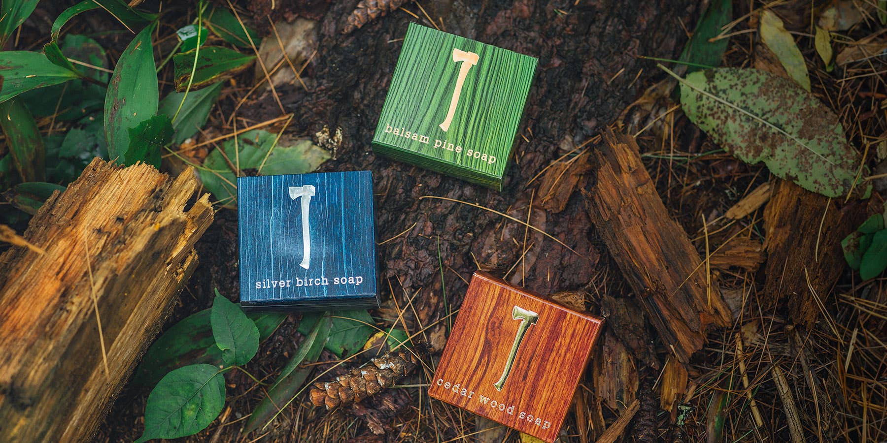 Three soap boxes, each labeled with scents like balsam pine, are nestled on forest ground with leaves and logs, containing body bars formulated with natural exfoliators.