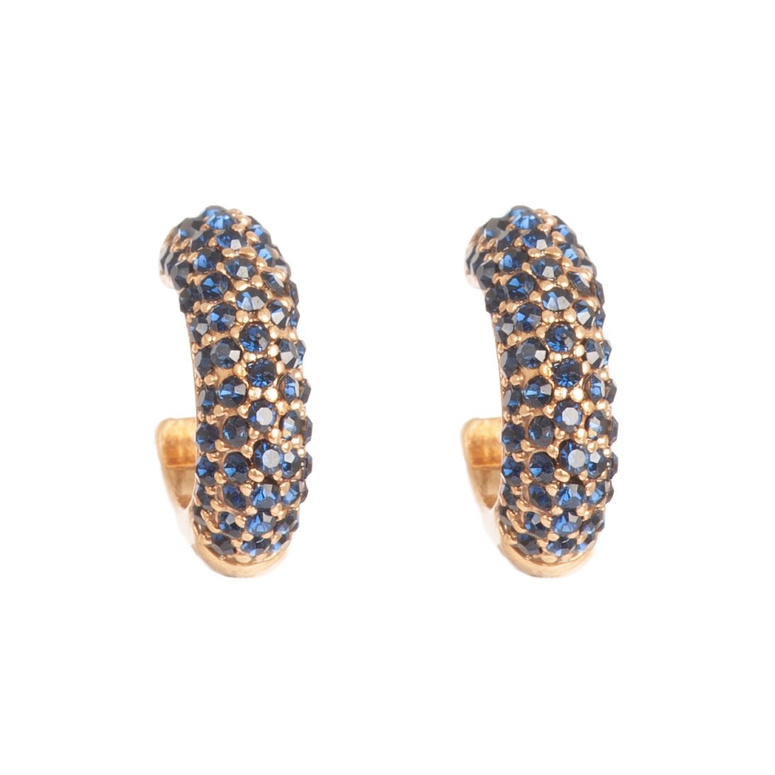 The A&C Oslo Navy & Gold Hoop Earrings feature small blue and clear gemstones, displayed against a white background.