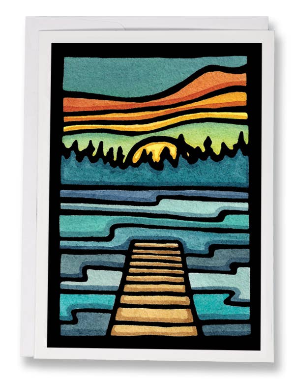 The *Lake Life Dock* greeting card by Sarah Angst showcases a stylized sunset scene akin to her linocut prints; it depicts a boardwalk stretching over the water, set against silhouetted trees and a lively sky. Ideal for greeting cards, the orange and teal waves create a harmonious dance at the horizon.