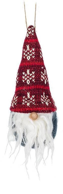 The Gnome Ornament (6"H) is an enchanting addition to holiday decor, showcasing a red and white knitted hat, a fluffy white beard, and an adorable wooden nose.