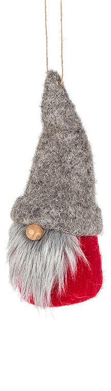 The Gnome Ornament (6"H) showcases a charming design with a plush red body, gray hat, long beard, and wooden nose, making it an ideal addition to your holiday decor as it hangs elegantly from a string.