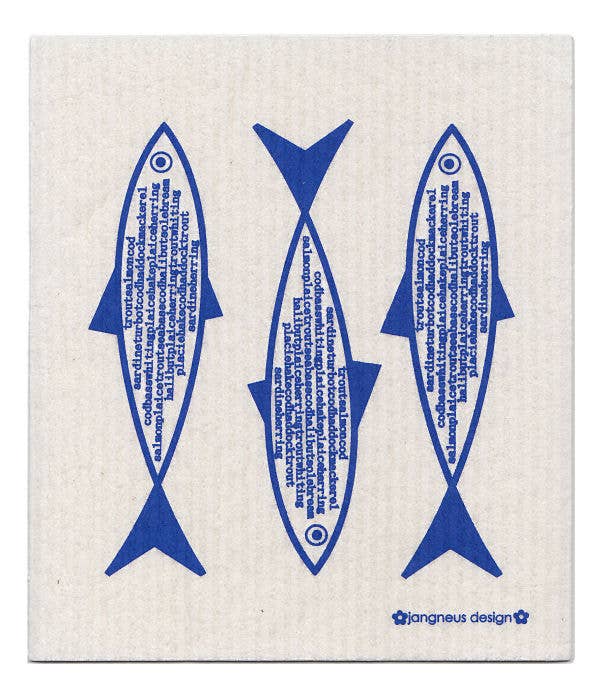 Three fish shapes with printed text are vertically arranged on a textured light gray square, evoking the warmth of the book Melted Cheese: 60 Gorgeously Gooey Recipes.