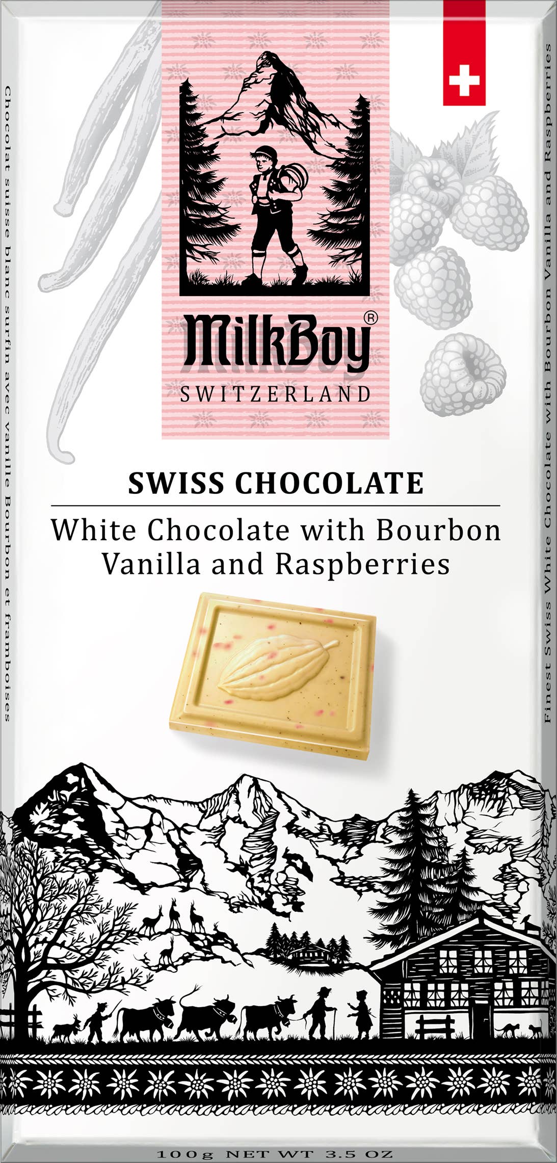 The wrapper of the MilkBoy White Chocolate with Bourbon Vanilla and Raspberries 3.5oz features a rustic mountain landscape teeming with people and animals at the bottom, while the top is beautifully accented with raspberries and bourbon vanilla, encapsulating the essence of pure Swiss indulgence.