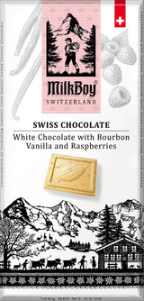 MilkBoy Swiss Alpine White Chocolates packaging highlights its Swiss chocolate with bourbon vanilla and raspberries, set against a stunning mountain backdrop featuring the iconic red Swiss flag.