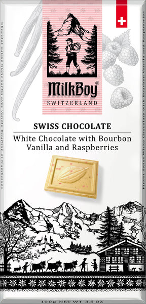 MilkBoy Swiss Alpine White Chocolates packaging highlights its Swiss chocolate with bourbon vanilla and raspberries, set against a stunning mountain backdrop featuring the iconic red Swiss flag.