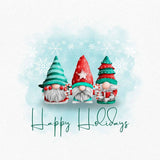 Add Scandinavian charm to your kitchen with the Swedish Dishcloth: Happy Holidays - 3 Nisse / Tomte, featuring three festive gnomes in holiday hats, snowflakes, and "Happy Holidays" in cursive on an eco-friendly dishcloth.