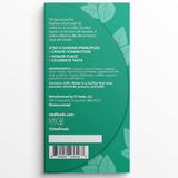 Back of chocolate bar package with text sections for principles, ingredients, allergies, manufacturer info, and social media on a green leafy background.