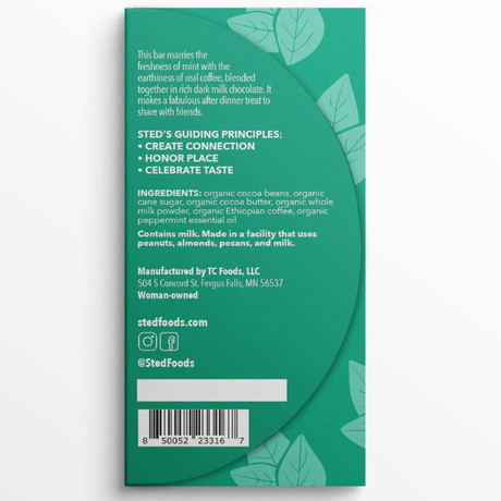 Back of chocolate bar package with text sections for principles, ingredients, allergies, manufacturer info, and social media on a green leafy background.