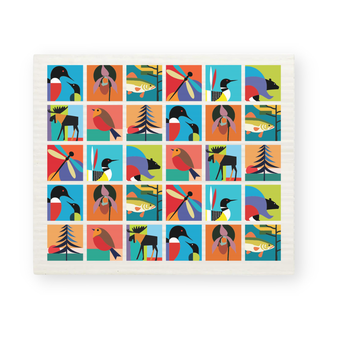 The Wildlife Collage Swedish Dish Cloth by Minnesota artist Sarah Browne features colorful, geometric illustrations of birds, fish, deer, trees, and insects.