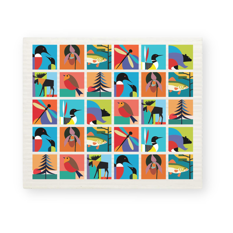 The Wildlife Collage Swedish Dish Cloth by Minnesota artist Sarah Browne features colorful, geometric illustrations of birds, fish, deer, trees, and insects.