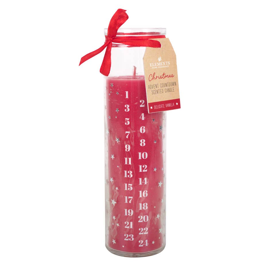 The Red Vanilla Christmas Advent Tube Candle is a red countdown candle in a glass holder, numbered from 1 to 24. Made from vegan paraffin wax, it exudes a delightful vanilla scent and comes decorated with a red ribbon and a tag labeled "Christmas Advent Countdown Scented Candle.