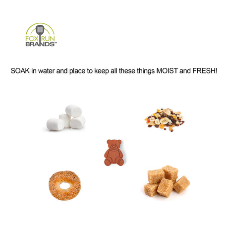 Five food items, including marshmallows, dried fruit mix, a bagel, brown sugar cubes, and the Sugar Saver: Terracotta Brown Sugar Bear Keeper & Saver (2.5"), are shown with instructions to soak the bear to help keep contents moist and fresh.