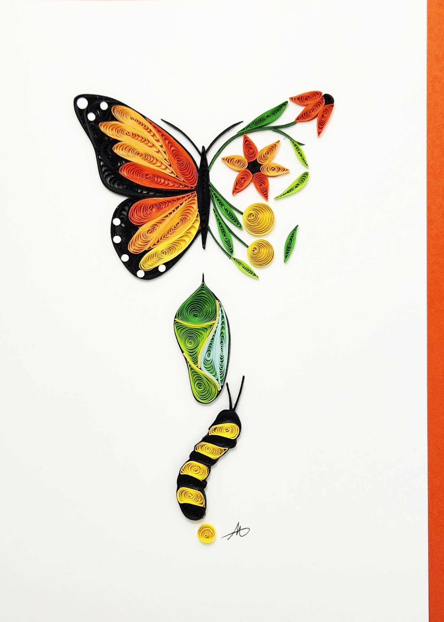 A handcrafted 5x7 inch quilling card, blank inside, featuring the Monarch butterfly life cycle. Includes an orange envelope.