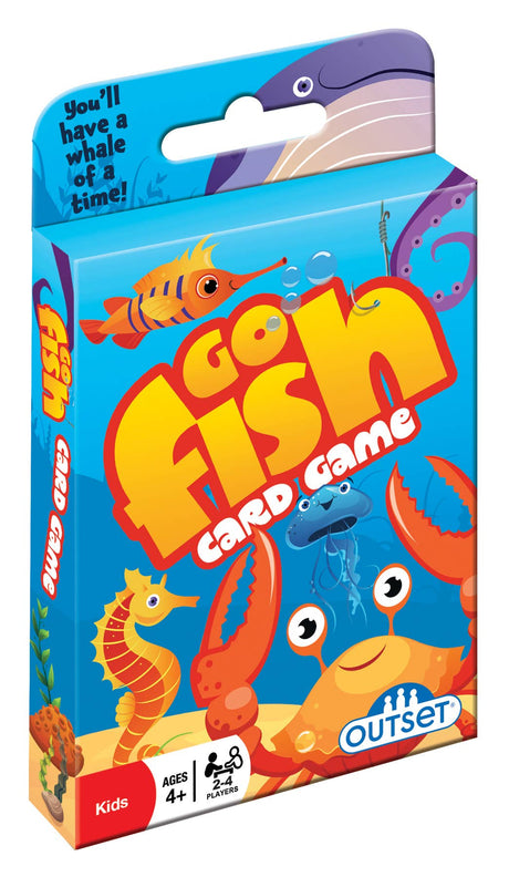 Go Fish Card Game: A colorful box for kids ages 4+, featuring cartoon sea creatures and the phrase "You'll have a whale of a time!" Enjoy an underwater adventure with this classic family card game.