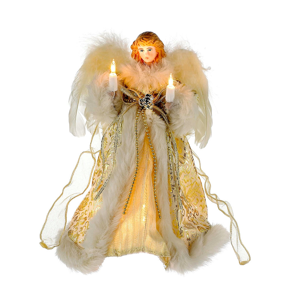 Exuding celestial elegance, the Tree Topper: Gold Angel brings festive charm to your home. Adorned in gold and white robes with feathered wings, she holds two candles aloft, making her the perfect Christmas décor centerpiece.