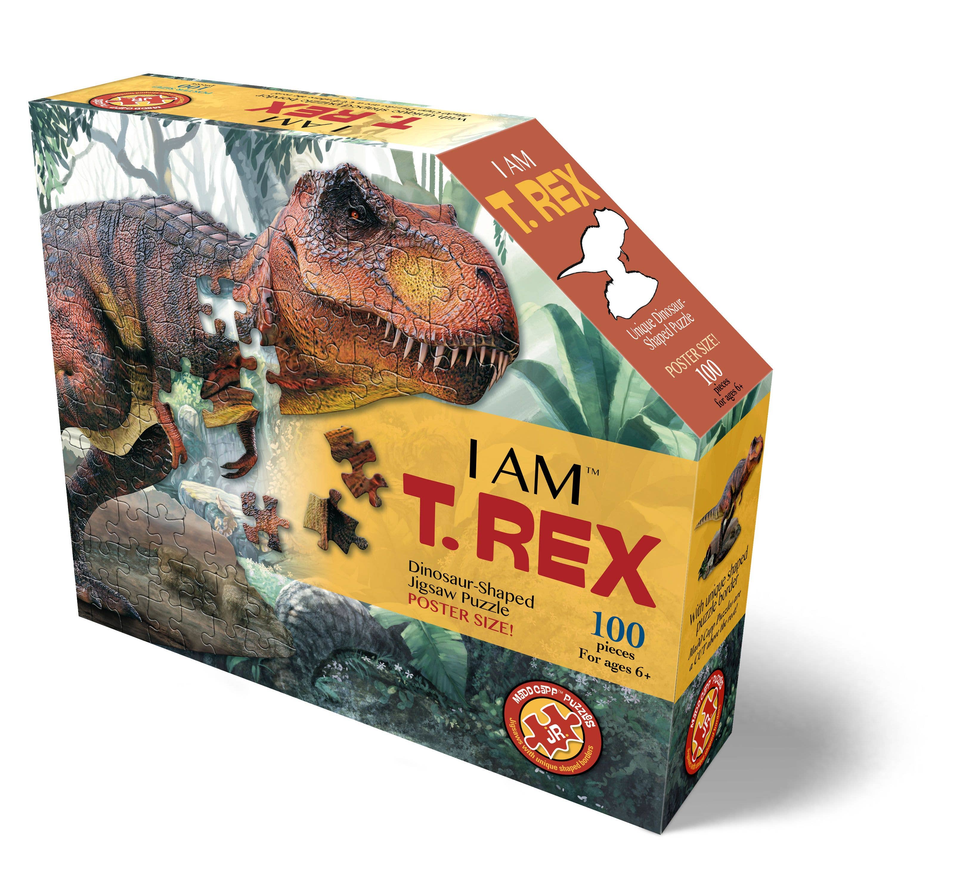 Immerse yourself in assembling the "I AM T. Rex" 100-piece puzzle, featuring a dynamic illustration of the mighty dinosaur on the front. This uniquely animal-shaped jigsaw also comes with educational Fun Facts, providing an entertaining and informative experience for all dinosaur enthusiasts!