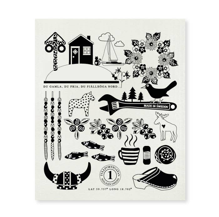 The dish cloth, titled "Made in Sweden Iconic Symbols of Sweden White with Black Print," features illustrations of quintessential Swedish symbols such as a moose, skis, a horse, and flowers. Crafted from compostable materials and proudly made in Sweden, this eco-friendly design also incorporates geographical coordinates and a Swedish phrase to emphasize its genuine cultural charm.