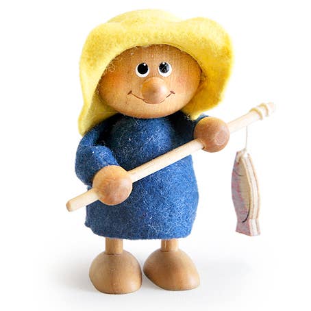 The handcrafted Scandinavian decor, Figurine: Scandinavian Fisherman with Fishing Rod, features a wooden figure in a yellow hat and blue outfit, capturing the charm of a fishing lovers gift while adding whimsy with its small fish accessory.