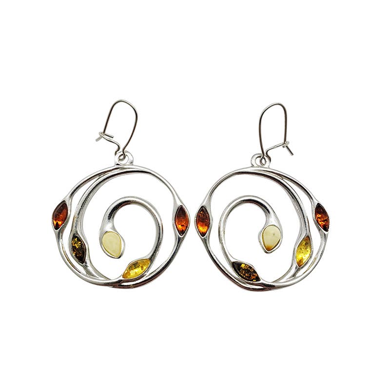 Sterling silver earrings with hook fastening, featuring a spiral design and multi-color amber stones in yellow and brown shades.