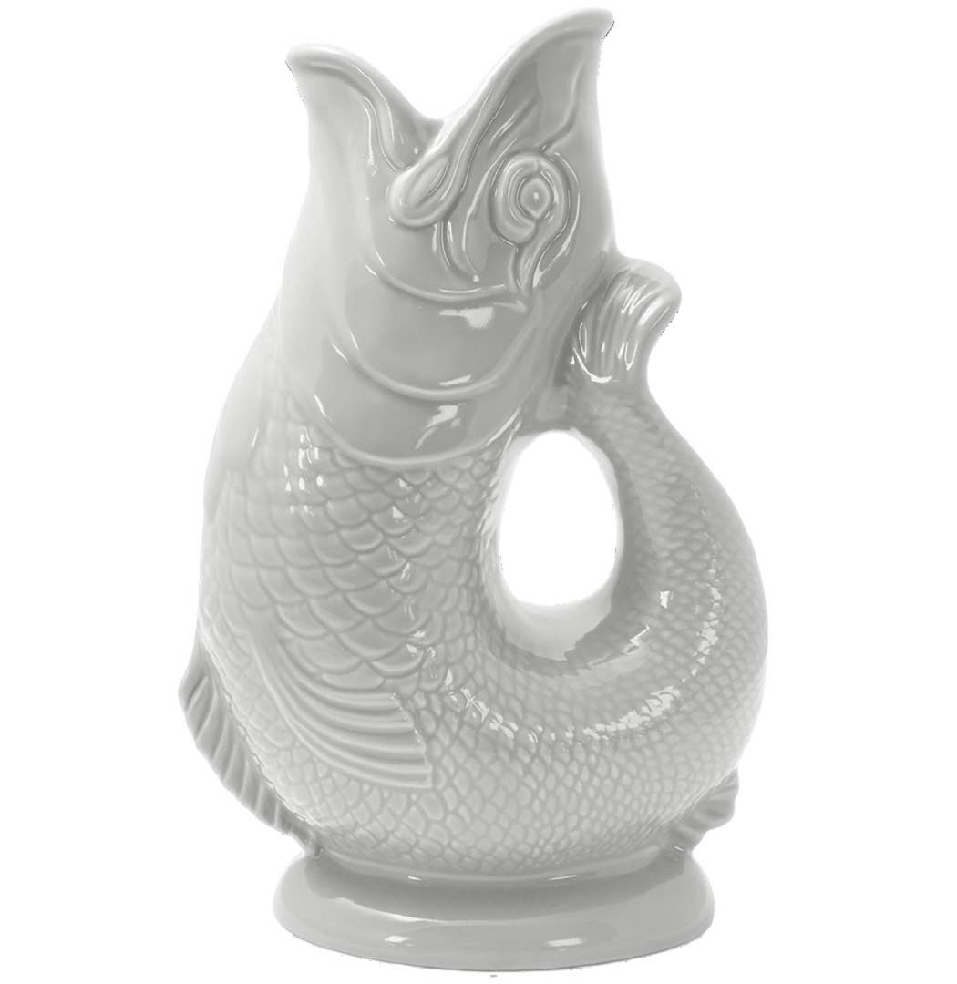 Handcrafted light gray ceramic vase shaped like a fish, called a Gluggle Jug, featuring detailed scales and fins.