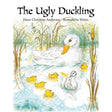 A white duck and five yellow ducklings swim in a pond, one gray duckling slightly apart. The cover shows Book: The Ugly Duckling by Hans Christian Andersen Illustrated by Bernadette Watts at the top.