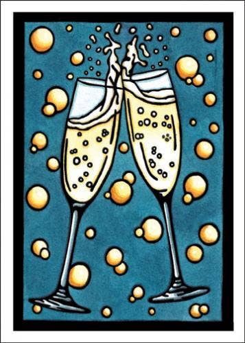 An illustration of two clinking champagne glasses with bubbles on a blue background, capturing the style of Celebration Champagne greeting card by Sarah Angst Art.